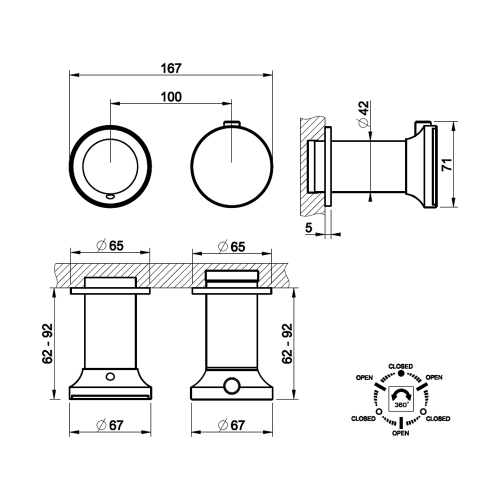 Immagine di Gessi ORIGINI miscelatore termostatico a parete per doccia, 3 vie, senza corpo incasso, finitura copper brushed PVD 66136#708