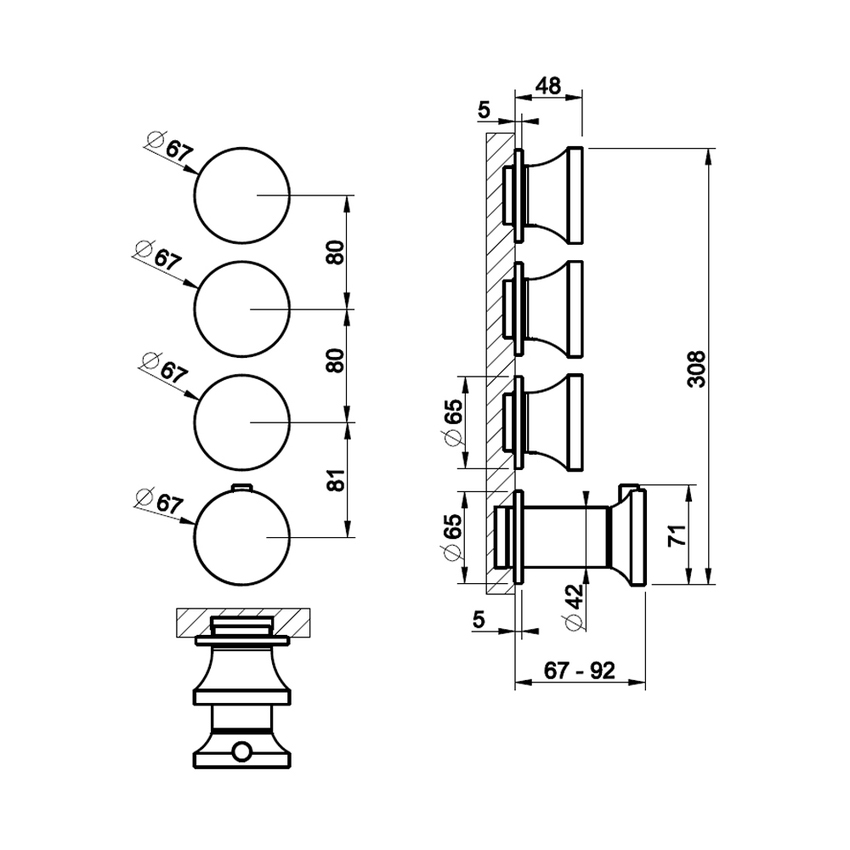 Immagine di Gessi ORIGINI miscelatore termostatico a parete, 3 vie indipendenti, installazione orizzontale o verticale, senza corpo incasso, finitura warm bronze brushed PVD 66336#726