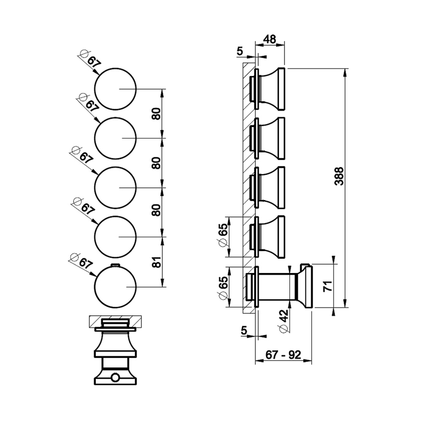 Immagine di Gessi ORIGINI miscelatore termostatico a parete, 4 vie indipendenti, installazione orizzontale o verticale, senza corpo incasso, finitura finox brushed nickel 66338#149