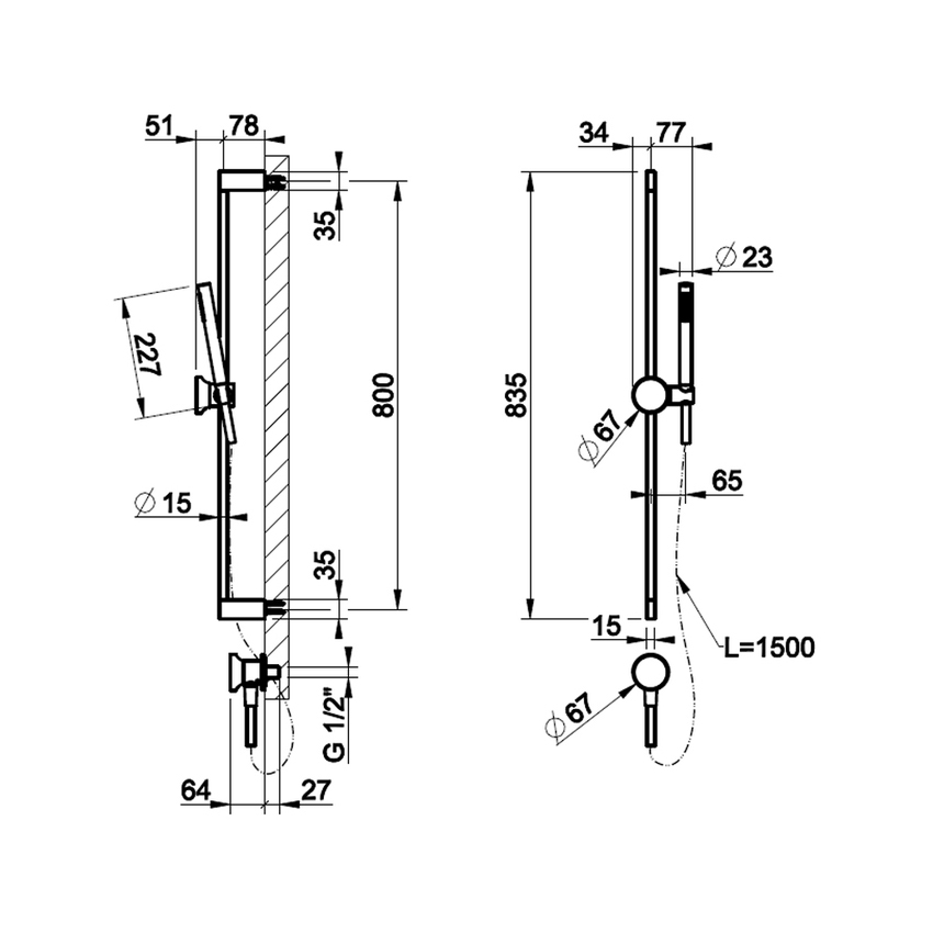 Immagine di Gessi ORGINI asta saliscendi con presa acqua, doccetta anticalcare e flessibile 150 cm, inserto in finitura incluso, finitura finox brushed nickel 66142#149