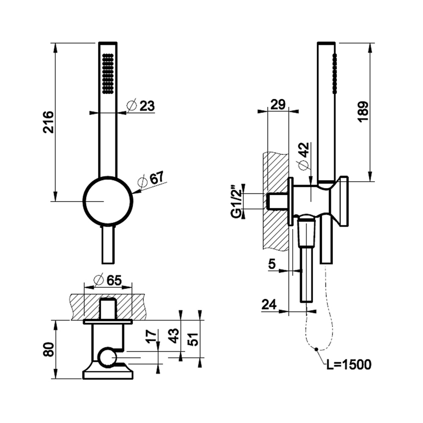 Immagine di Gessi ORIGINI set doccia con presa acqua, doccetta anticalcare e flessibile 150 cm, finitura finox brushed nickel 66123#149