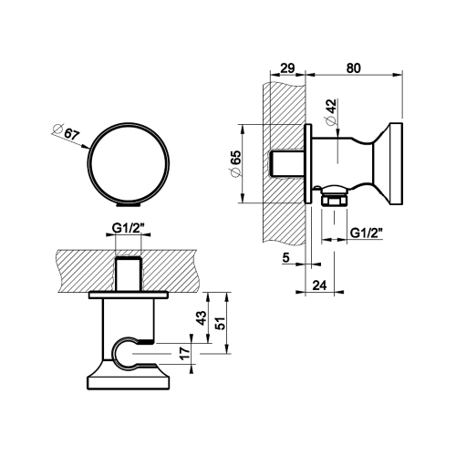 Immagine di Gessi ORIGINI presa acqua con supporto doccetta, finitura finox brushed nickel 66161#149