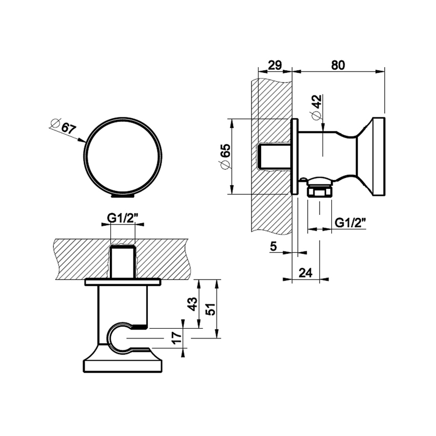 Immagine di Gessi ORIGINI presa acqua con supporto doccetta, finitura finox brushed nickel 66161#149