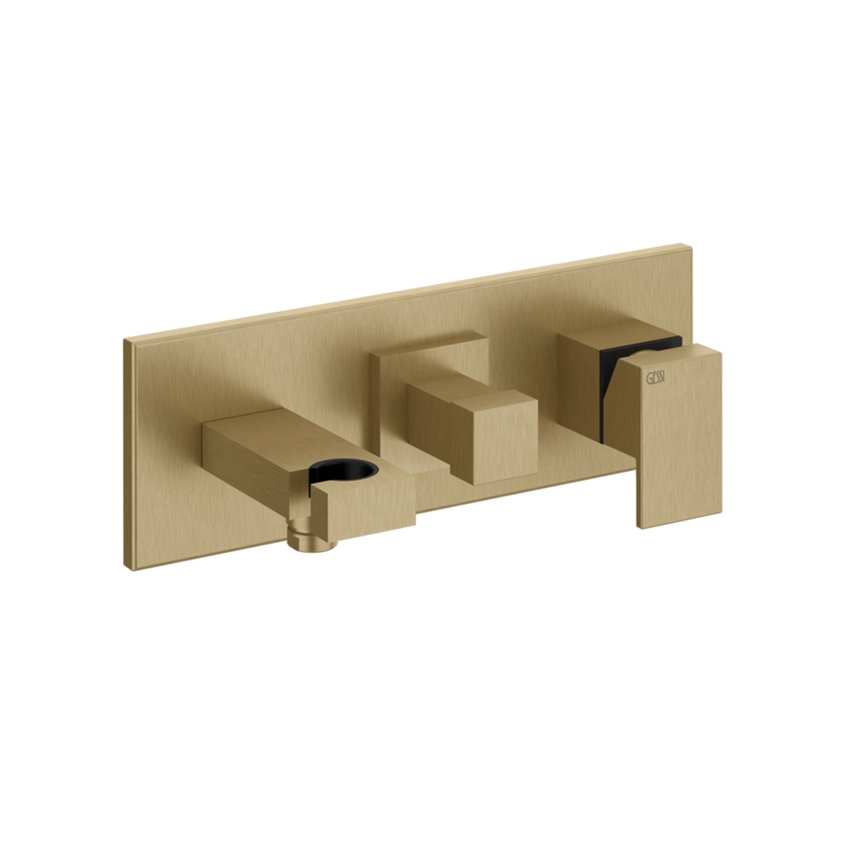 Immagine di Gessi RETTANGOLO SHOWER miscelatore doccia a parete 2 uscite, con deviatore, presa acqua e supporto doccetta, finitura warm bronze brushed PVD 44911#726