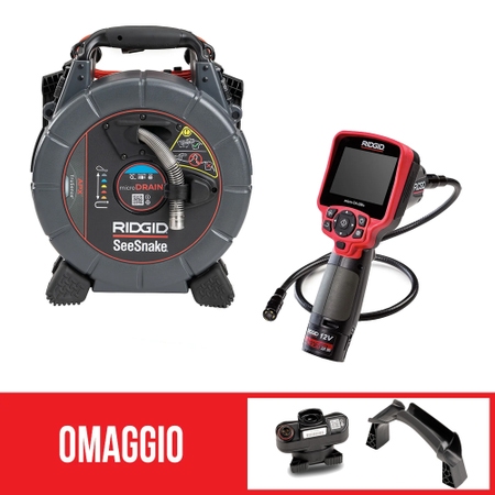 Immagine di Ridgid Ruota SeeSnake microDRAIN APX, con tecnologia TruSense e telecamera digitale Micro CA-350X per ispezione + omaggio adattatore per collegamento CA350X a ruota Microdrain 70023+63888+67808