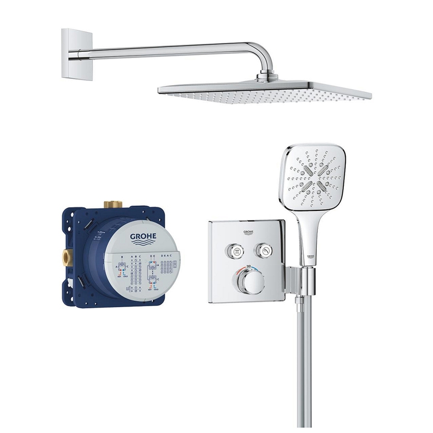 Immagine di Grohe Grohtherm Smartcontrol set doccia con miscelatore termostatico a 2 vie, soffione Rainshower, flessibile 150 cm e corpo incasso, finitura cromo 34865000