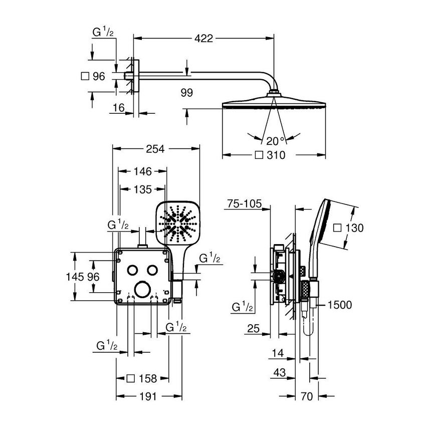 Immagine di Grohe GROHTHERM SMARTCONTROL set doccia con miscelatore termostatico a 2 vie, soffione Rainshower, flessibile 150 cm e corpo incasso, finitura cromo 34865000