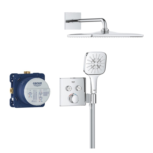 Immagine di Grohe GROHTHERM SMARTCONTROL set doccia con miscelatore termostatico a 2 vie, soffione Rainshower, flessibile 150 cm e corpo incasso, finitura cromo 34865000