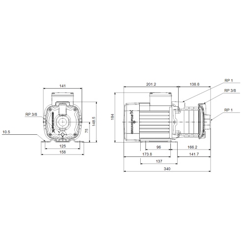 Immagine di Grundfos CM 3-5 A-R-A-E-AVBE F-A-A-N pompa orizzontale monoblocco multistadio, ad aspirazione assiale, portata nominale 3,1 m³/h 96806834