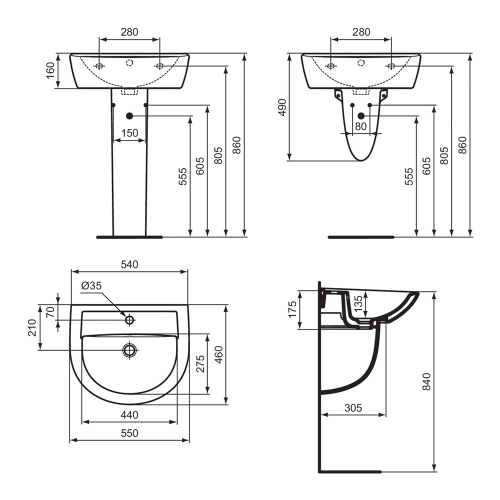 Immagine di Ideal Standard EUROVIT lavabo L.55 P.46 cm, con foro per rubinetteria e troppopieno, colore bianco finitura lucido W332601