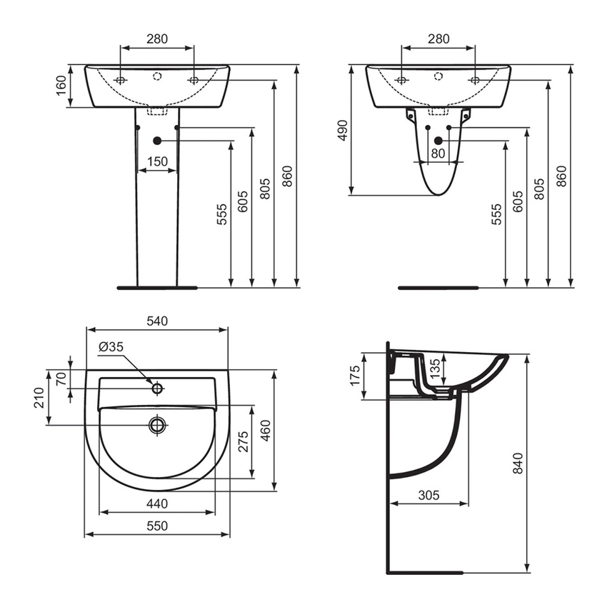 Immagine di Ideal Standard EUROVIT lavabo L.55 P.46 cm, con foro per rubinetteria e troppopieno, colore bianco finitura lucido W332601