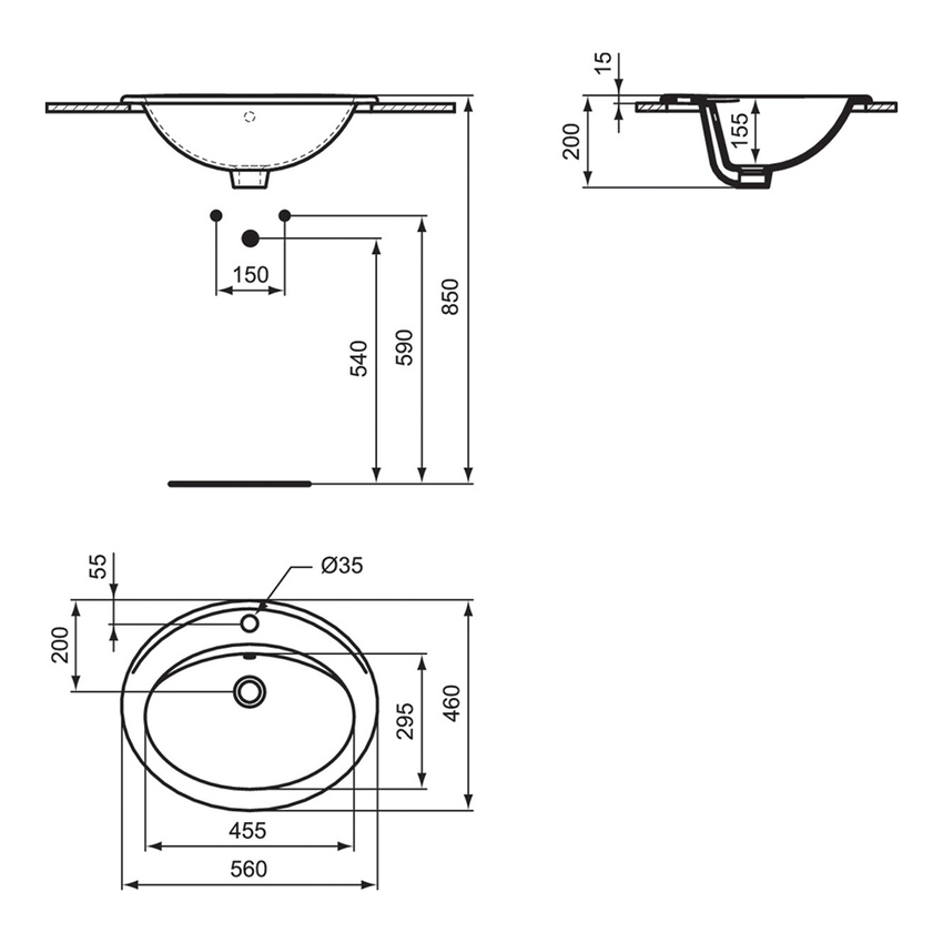 Immagine di Ideal Standard EUROVIT lavabo L.56 cm da incasso soprapiano, con foro per rubinetteria e troppopieno, colore bianco finitura lucido E874901