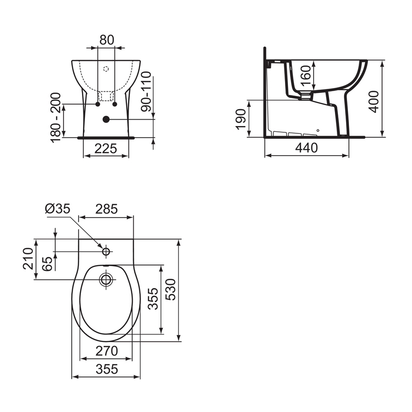 Immagine di Ideal Standard EUROVIT bidet a terra, a filo parete, con foro per rubinetteria e troppopieno, colore bianco finitura lucido W330501