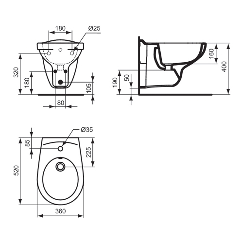 Immagine di Ideal Standard EUROVIT bidet sospeso, con foro per rubinetteria e troppopieno, colore bianco finitura lucido V493101