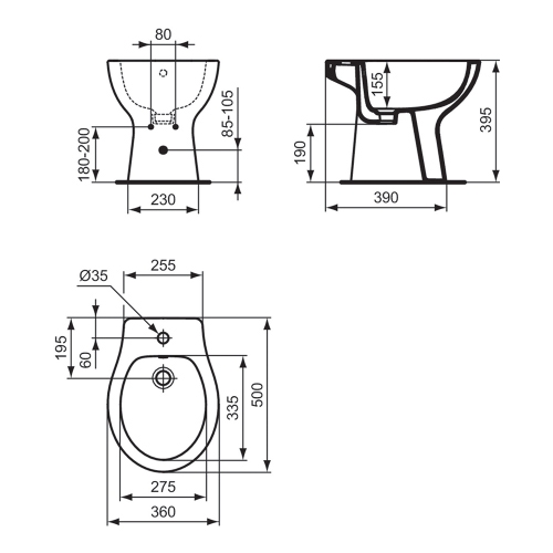 Immagine di Ideal Standard EUROVIT bidet a terra, con foro per rubinetteria e troppopieno, colore bianco finitura lucido E877401