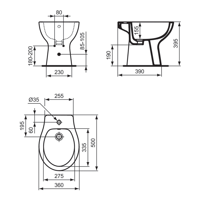 Immagine di Ideal Standard EUROVIT bidet a terra, con foro per rubinetteria e troppopieno, colore bianco finitura lucido E877401