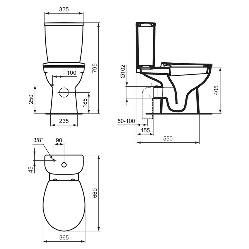 Immagine di Ideal Standard EUROVIT vaso monoblocco per cassetta, con scarico a parete, senza sedile, colore bianco finitura lucido W327801