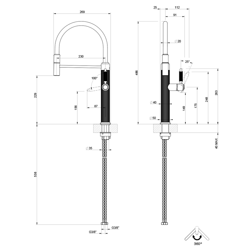 Immagine di Gessi VENTI20 miscelatore H.49 cm per lavello, monocomando, bocca girevole e doccetta estraibile monogetto, finitura cromo 60634#031