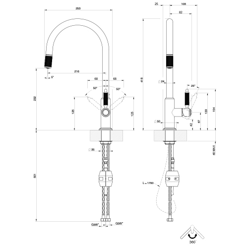 Immagine di Gessi VENTI20 miscelatore H.42 cm per lavello, monocomando, bocca girevole e doccetta estraibile monogetto, finitura cromo 60622#031