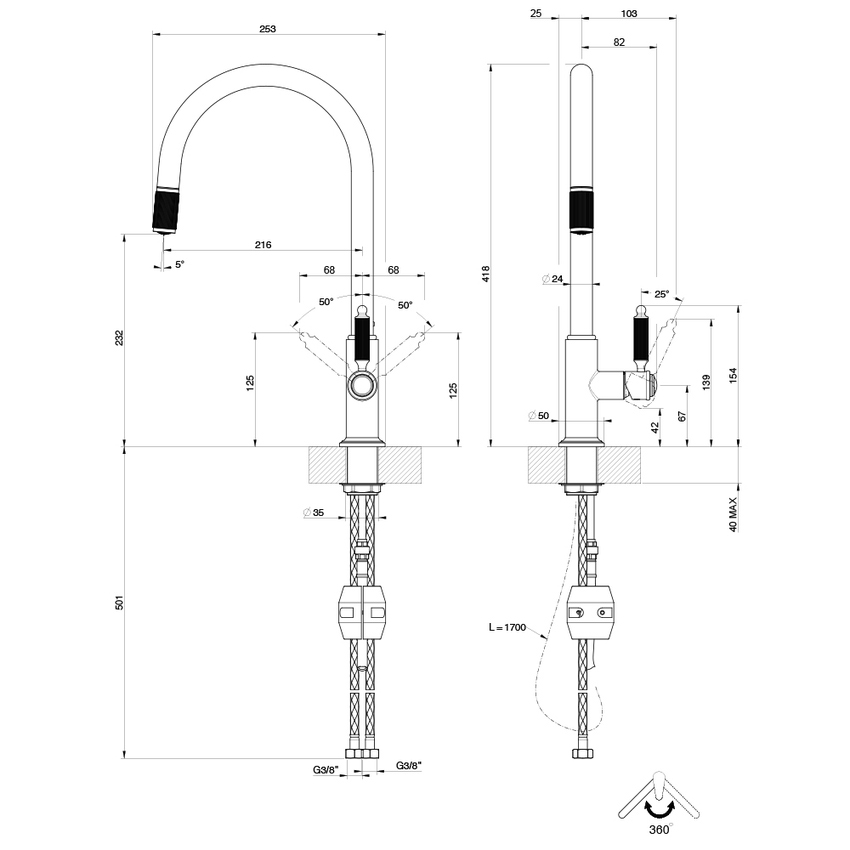 Immagine di Gessi VENTI20 miscelatore H.42 cm per lavello, monocomando, bocca girevole e doccetta estraibile monogetto, finitura cromo 60622#031