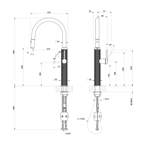Immagine di Gessi 316 miscelatore monocomando H.47 cm, con bocca girevole e doccetta estraibile doppio getto, finitura steel brushed 60026#239