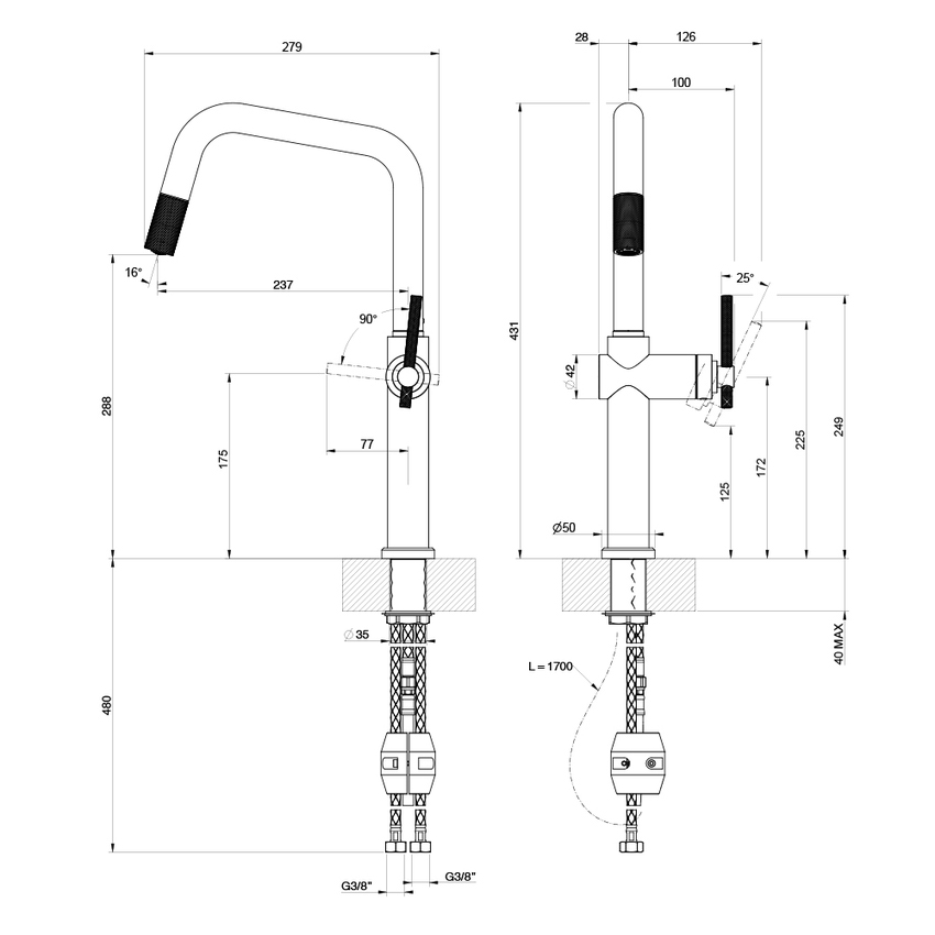 Immagine di Gessi HABITO miscelatore H.43 cm per lavello, monocomando, con bocca girevole e doccetta estraibile mono getto, finitura cromo 60652#031