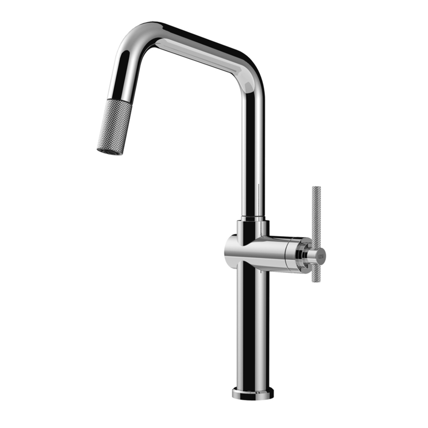 Immagine di Gessi HABITO miscelatore H.43 cm per lavello, monocomando, con bocca girevole e doccetta estraibile mono getto, finitura cromo 60652#031