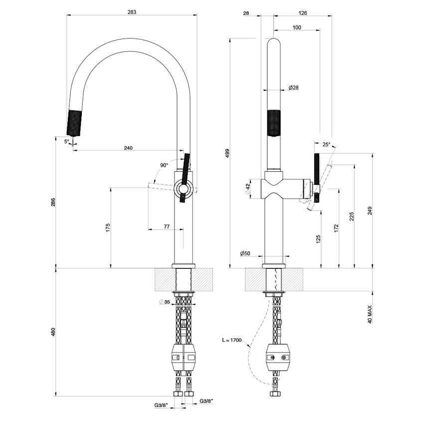 Immagine di Gessi HABITO miscelatore H.50 cm per lavello, monocomando, con bocca girevole e doccetta estraibile mono getto, finitura cromo 60672#031