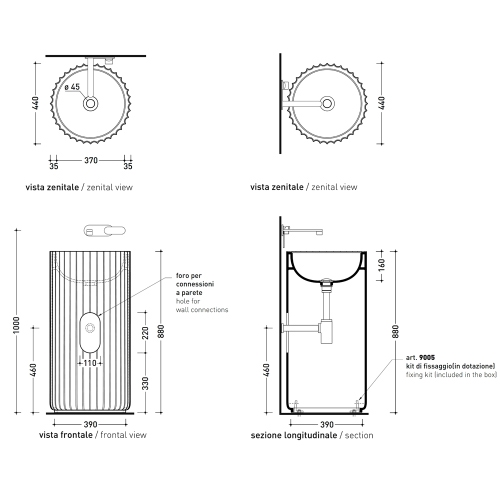 Immagine di Flaminia MONOSETTECENTO lavabo a colonna a parete 44 cm, senza foro rubinetteria e senza troppopieno, colore nero finitura lucido SE44PNER