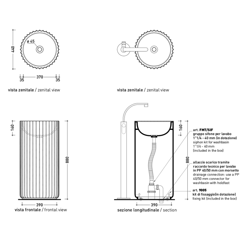 Immagine di Flaminia MONOSETTECENTO lavabo a colonna centro stanza 44 cm, senza foro rubinetteria e senza troppopieno, colore bianco finitura lucido SE44C