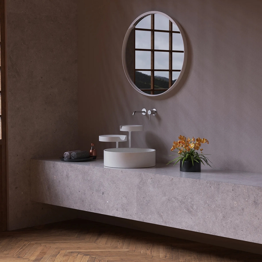 Immagine di Flaminia TAKI lavabo da appoggio composto da tre bacini in ceramica e struttura in acciaio verniciato, senza foro e senza troppopieno, colore bianco finitura lucido TK45A