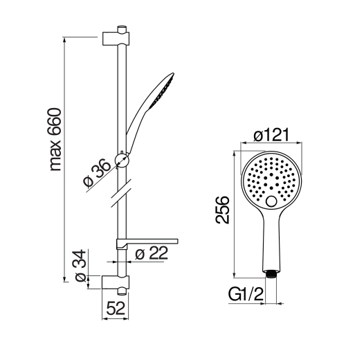 Immagine di Nobili Asta murale con attacco regolabile, supporto doccetta, doccetta 3 getti, flessibile 150 cm e mensola orientabile, finitura cromo AD140/63CR
