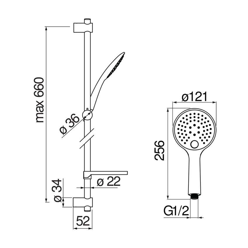 Immagine di Nobili Asta murale con attacco regolabile, supporto doccetta, doccetta 3 getti, flessibile 150 cm e mensola orientabile, finitura cromo AD140/63CR
