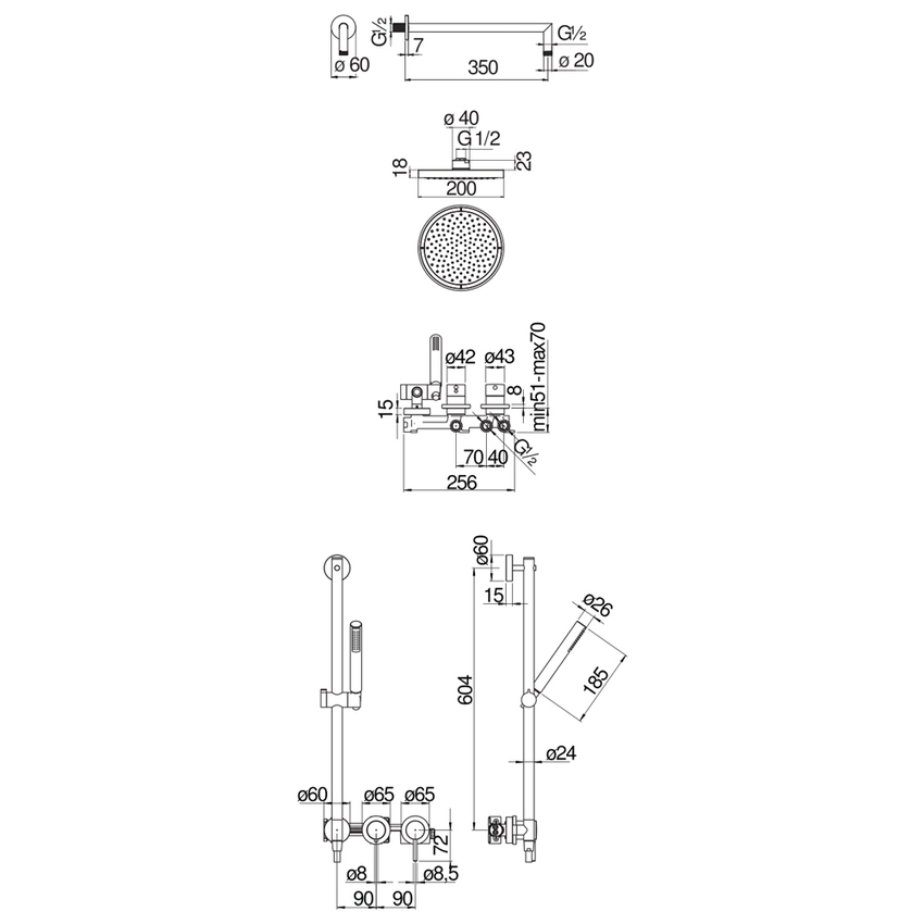 Immagine di Nobili LIVE set doccia completo composto da miscelatore monocomando ad incasso 2 vie, deviatore, supporto doccetta, doccetta monogetto, flessibile 150 cm, braccio a parete P.35 cm, soffione rotondo Ø20 cm, corpo incasso e finitura cromo WESK100/92TCR