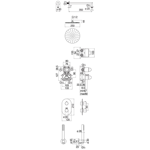 Immagine di Nobili VELIS set completo doccia composto da termostatico ad incasso a 2 vie, rubinetto di chiusura, braccio a parete P.35 cm, soffione Ø25 cm, supporto doccetta, doccetta monogetto, flessibile 150 cm, corpo incasso e finitura cromo WESK102/1TCR