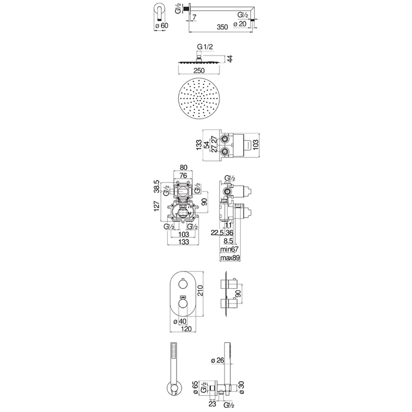 Immagine di Nobili VELIS set completo doccia composto da termostatico ad incasso a 2 vie, rubinetto di chiusura, braccio a parete P.35 cm, soffione Ø25 cm, supporto doccetta, doccetta monogetto, flessibile 150 cm, corpo incasso e finitura cromo WESK102/1TCR