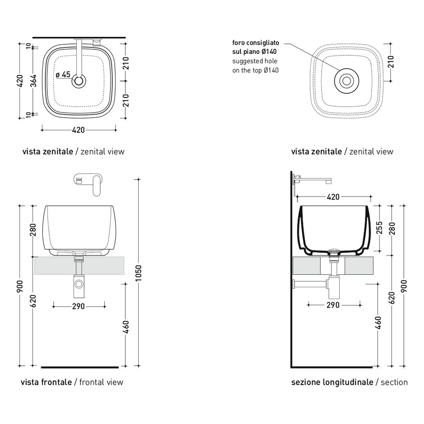 Immagine di Flaminia FLAG DEEP lavabo da appoggio L.40 P.40 cm, senza foro per rubinetteria e senza troppopieno, colore carbone finitura opaco FG40H28CAR
