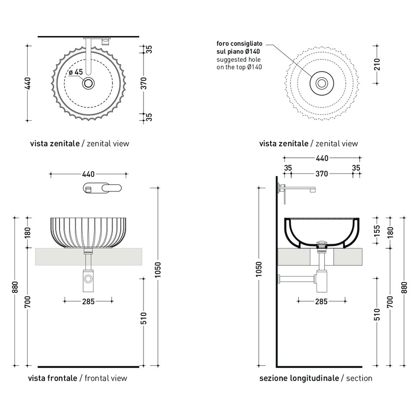 Immagine di Flaminia SETTECENTO lavabo Ø 44 cm da appoggio, in ceramica, senza foro per rubinetteria e senza troppopieno, colore nero finitura lucido SE44ANER