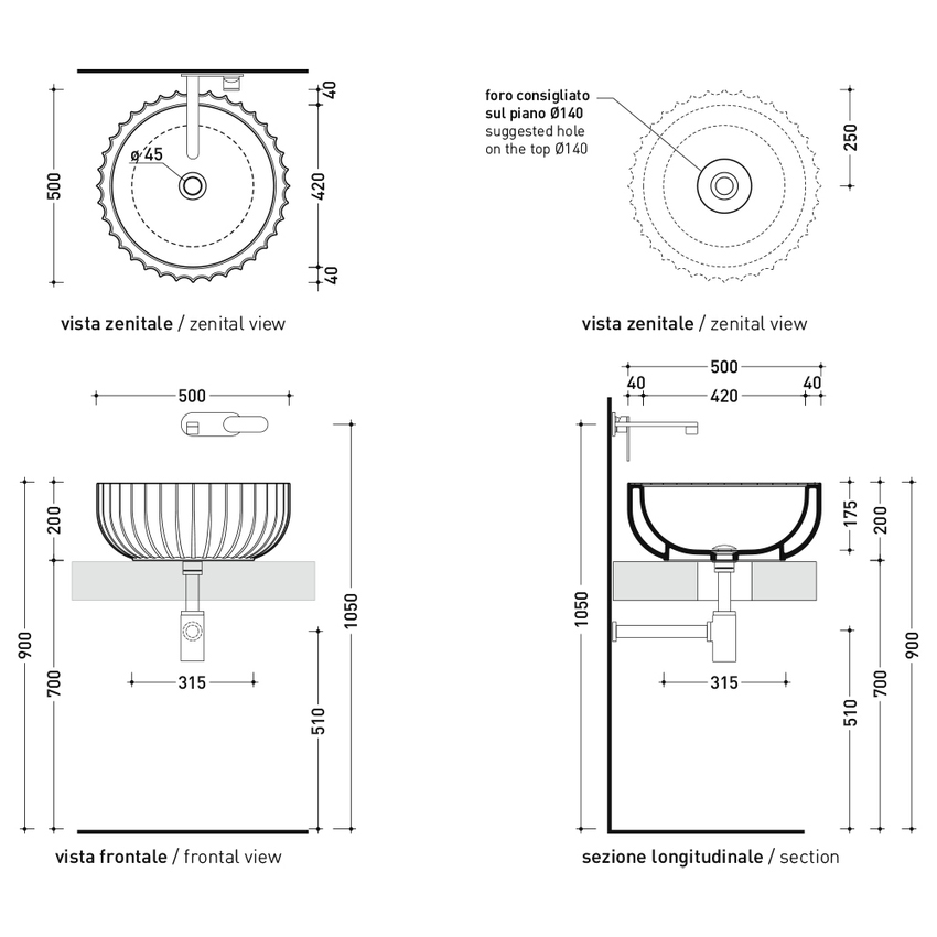 Immagine di Flaminia SETTECENTO lavabo Ø 50 cm da appoggio, in ceramica, senza foro per rubinetteria e senza troppopieno, colore cenere finitura opaco SE50ACEN