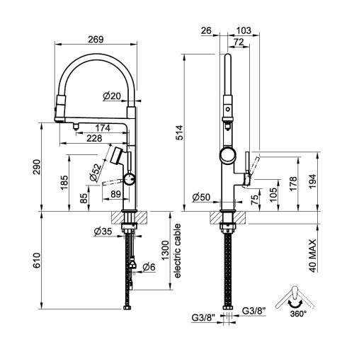 Immagine di Gessi VITA miscelatore semi-professionale monocomando H.51 cm, con bocca girevole e sistema di erogazione multifunzione, finitura warm bronze brushed PVD 60722#726