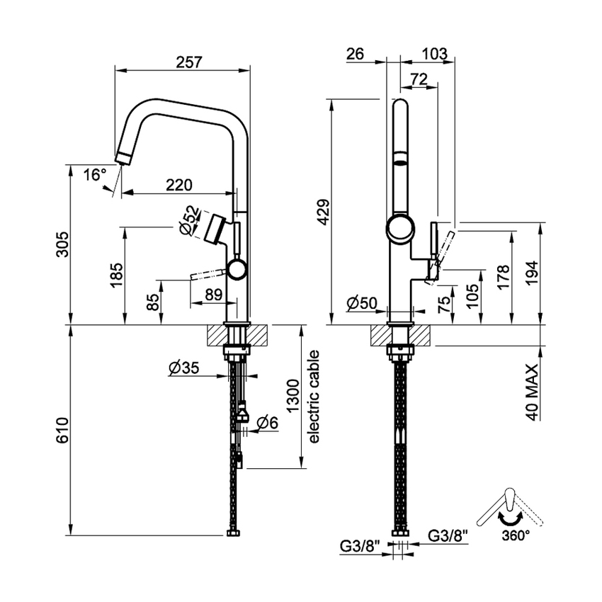 Immagine di Gessi VITA miscelatore semi-professionale monocomando H.43 cm, con bocca girevole e sistema di erogazione multifunzione, finitura cromo 60721#031