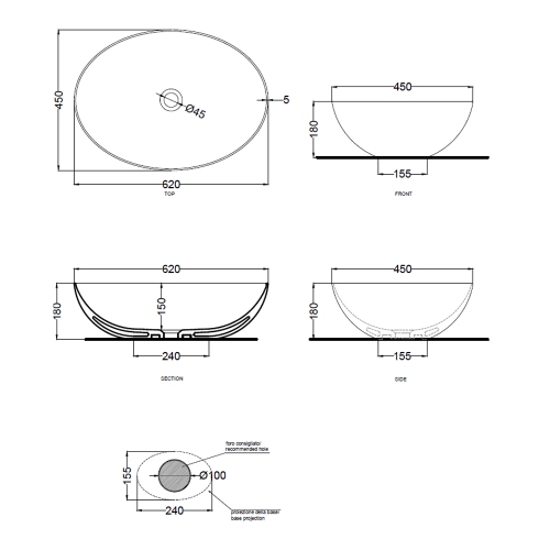 Immagine di Cielo ERA ECO 62 bacinella ovale L.62 cm, senza foro per rubinetteria e senza troppopieno, colore bianco finitura lucido BAECO