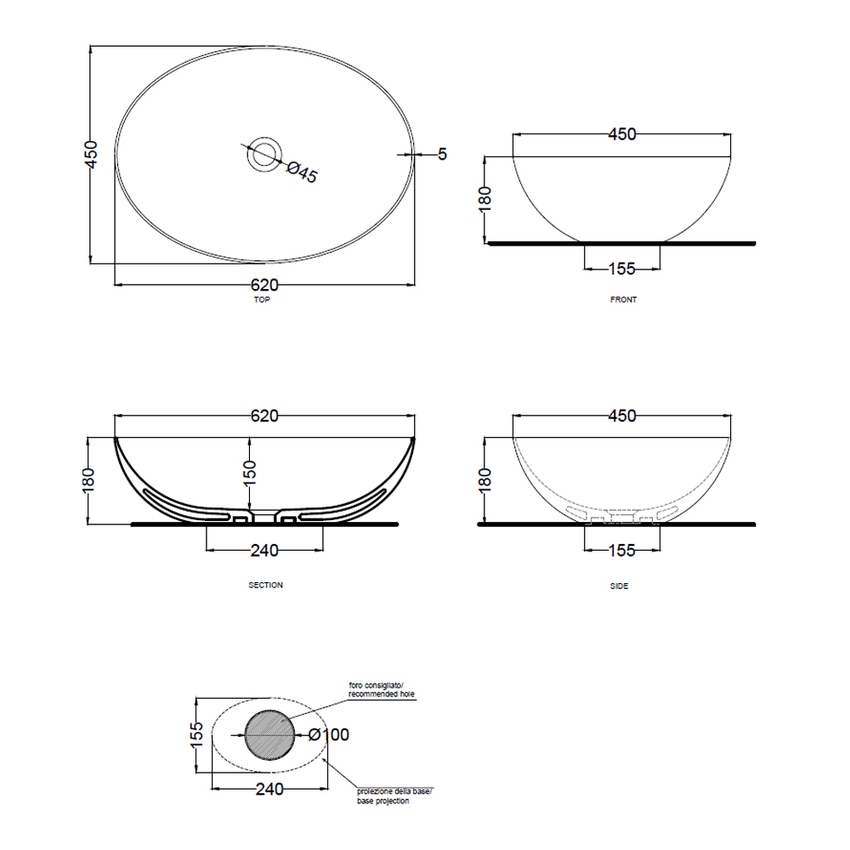 Immagine di Cielo ERA ECO 62 bacinella ovale L.62 cm, senza foro per rubinetteria e senza troppopieno, colore bianco finitura lucido BAECO