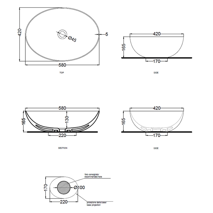 Immagine di Cielo ERA ECO SMALL bacinella ovale L.58 cm, senza foro per rubinetteria e senza troppopieno, colore bianco finitura lucido BAECO58