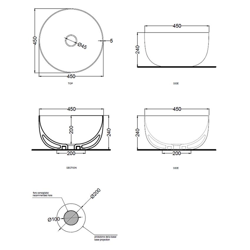 Immagine di Cielo ERA bacinella tonda Ø 45 cm, senza foro per rubinetteria e senza troppopieno, colore bianco finitura lucido BAERA