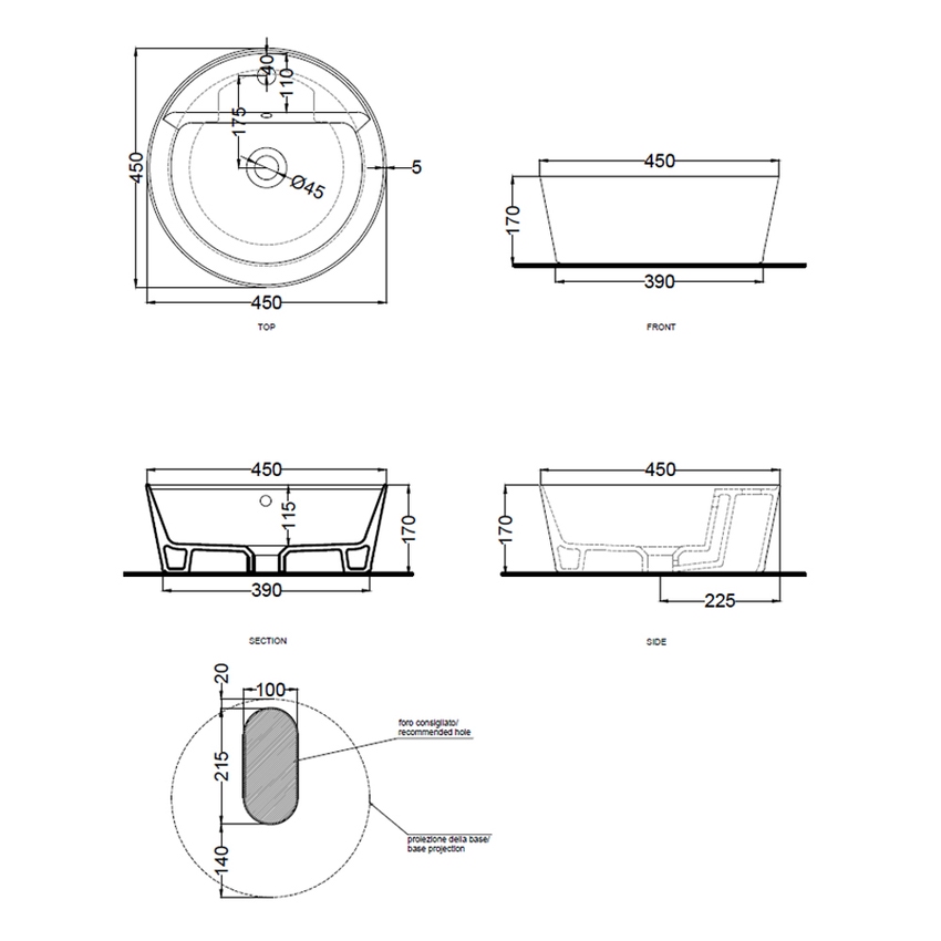 Immagine di Cielo ERA HANDY lavabo rotondo Ø 45 cm, con foro per rubinetteria e troppopieno, colore bianco finitura lucido HALAT45