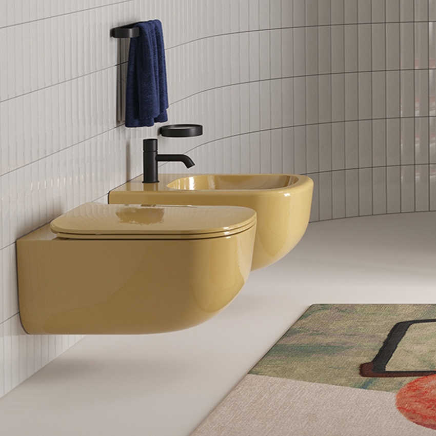 Immagine di Cielo ERA set completo sanitari sospesi vaso rimless, sedile a discesa rallentata, bidet monoforo con troppopieno, colore anemone finitura lucido ERVSKAN+CPVERTFAM+ERBSAN