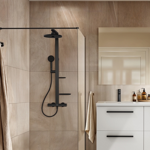 Immagine di Ideal Standard ALU+ colonna doccia termostatica con 2 mensole, doccetta a mano a 2 funzioni e soffione rotondo Ø 26 cm, colore nero seta finitura opaco BD583XG