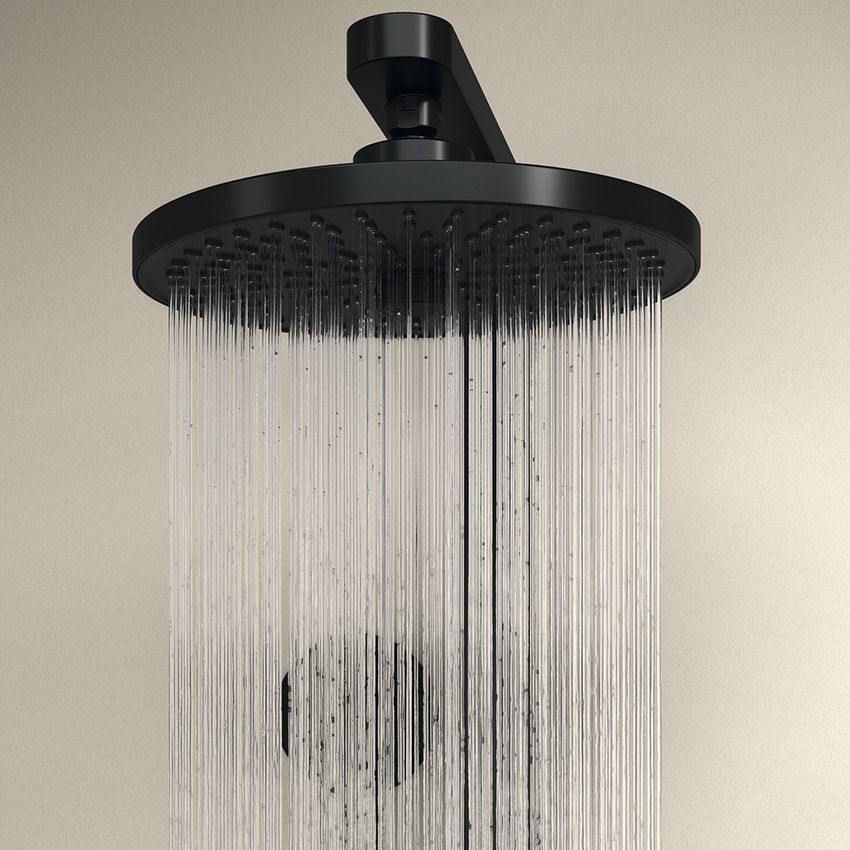 Immagine di Ideal Standard ALU+ colonna doccia termostatica con 2 mensole, doccetta a mano a 2 funzioni e soffione rotondo Ø 26 cm, colore nero seta finitura opaco BD583XG