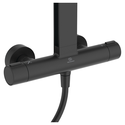 Immagine di Ideal Standard ALU+ colonna doccia termostatica con 2 mensole, doccetta a mano a 2 funzioni e soffione rotondo Ø 26 cm, colore nero seta finitura opaco BD583XG